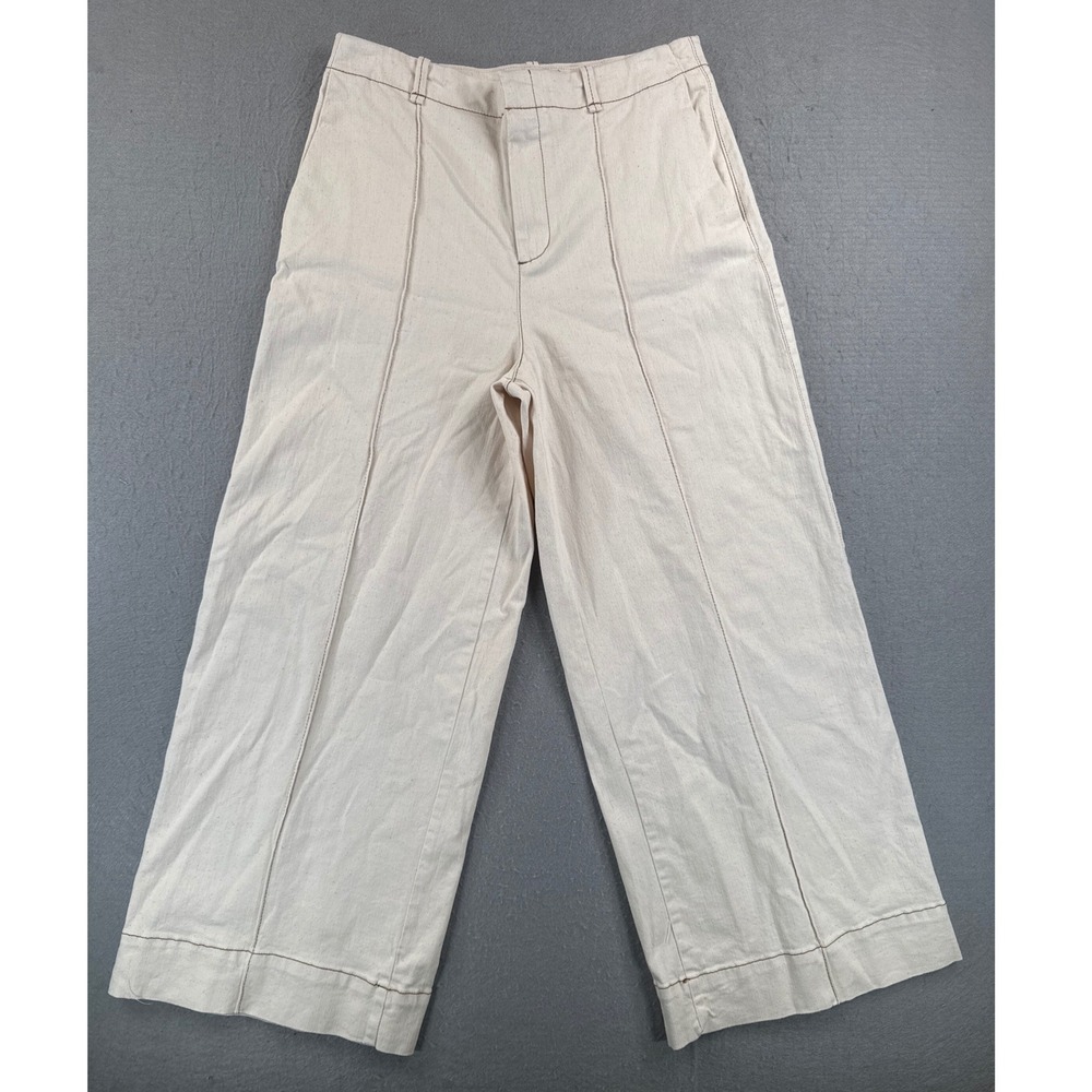 Zara Women‎ Cream Wide Leg High Waisted Cropped Seam Detail Pants Size S
